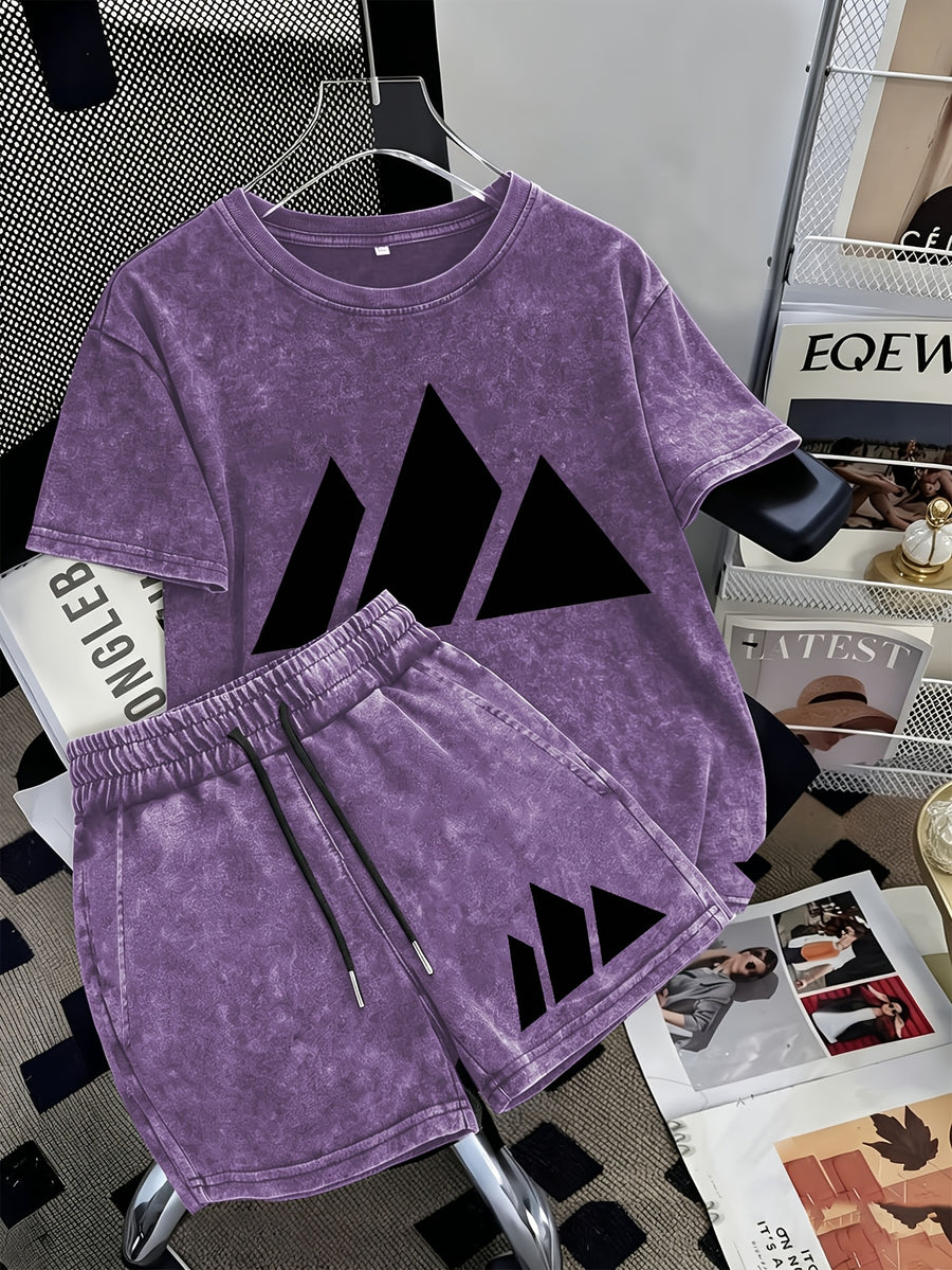 Summer Trendy Distressed Washed Short Sleeve Shorts Drawstring Women's Set, Minimalist Mountain Peak Line Drawing Print, Minimalist Outdoor Style, Artistic and Fresh Style, Forest-Inspired Natural Style, Comfortable for Hot Weather - Dark Violet 3