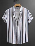 2026 New Men'S Summer Cooling Loose Trendy Premium Sense Bad Boy Fashion Retro Lapel Striped Short Sleeve Button-Up Shirt, Suitable for Summer Daily Wear, Dining Dates, Beach Vacation, Party Wear Ideal Gift - Mixed colors