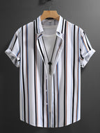 2026 New Men'S Summer Cooling Loose Trendy Premium Sense Bad Boy Fashion Retro Lapel Striped Short Sleeve Button-Up Shirt, Suitable for Summer Daily Wear, Dining Dates, Beach Vacation, Party Wear Ideal Gift - Mixed colors