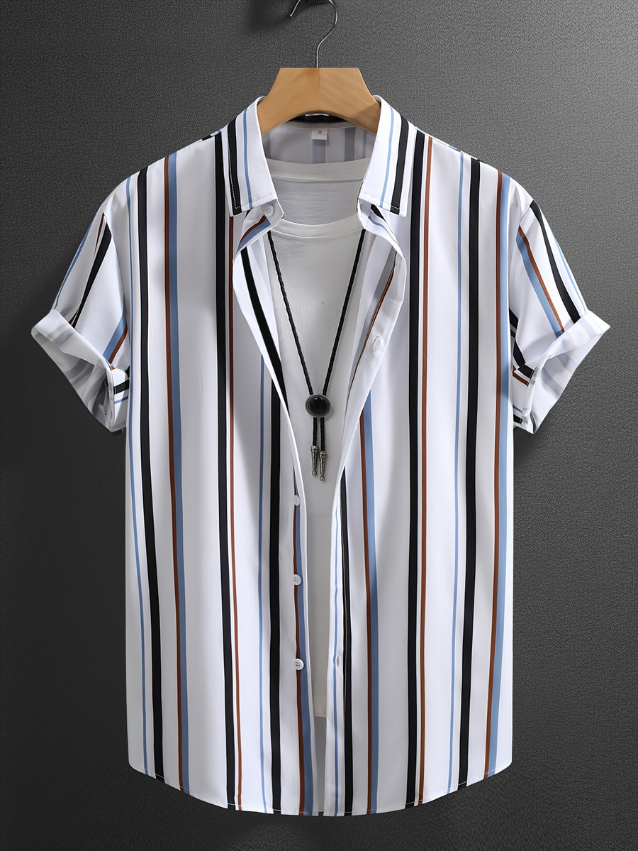 2026 New Men'S Summer Cooling Loose Trendy Premium Sense Bad Boy Fashion Retro Lapel Striped Short Sleeve Button-Up Shirt, Suitable for Summer Daily Wear, Dining Dates, Beach Vacation, Party Wear Ideal Gift - Mixed colors