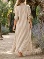 Solid Color Shirt Dress Women'S Loose Lapel V-Neck Long Slit Commute Vacation Two-Wear Long Dress - Khaki
