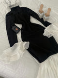 Ladies Elegant, Exquisite, Easy, Small Stand-Up Collar, Slim Waist, Black And White Contrast, Double Sleeves, Daily Dating Party, Little Black Dress, Fashionable Long Dress - Black