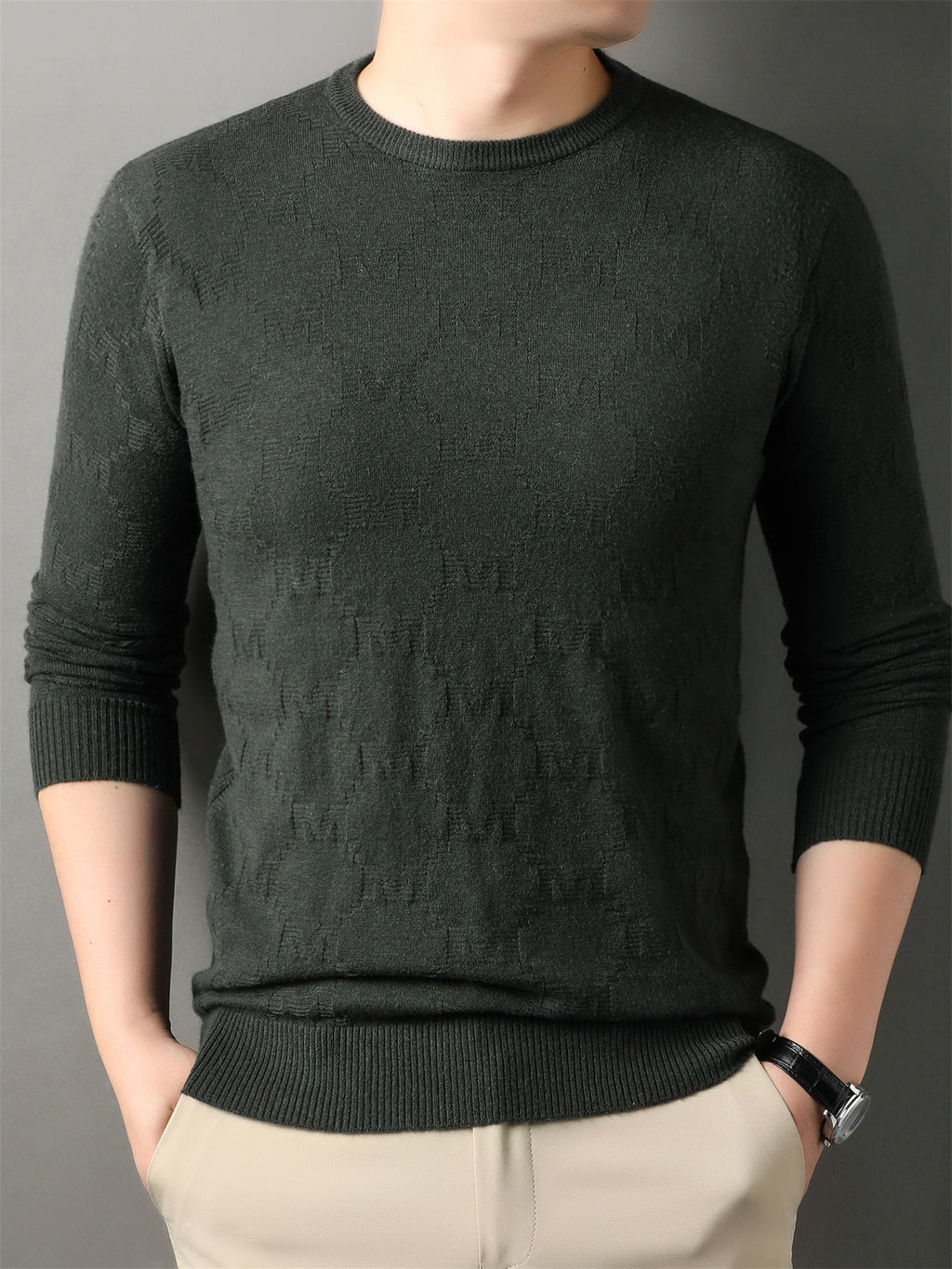 Autumn Winter Knit 3D Solid Round Neck Sweater, Basic Knit Pullover Top, Men'S Fashion Long Sleeve Sweater, Mon-J - Green