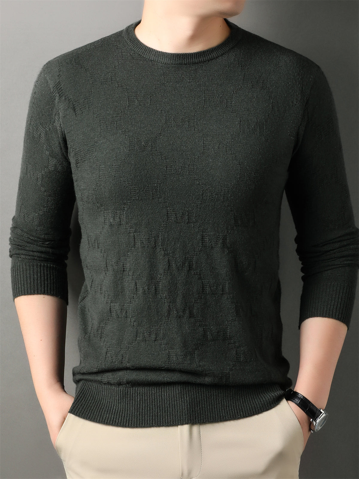 Autumn Winter Knit 3D Solid Round Neck Sweater, Basic Knit Pullover Top, Men'S Fashion Long Sleeve Sweater, Mon-J - Green