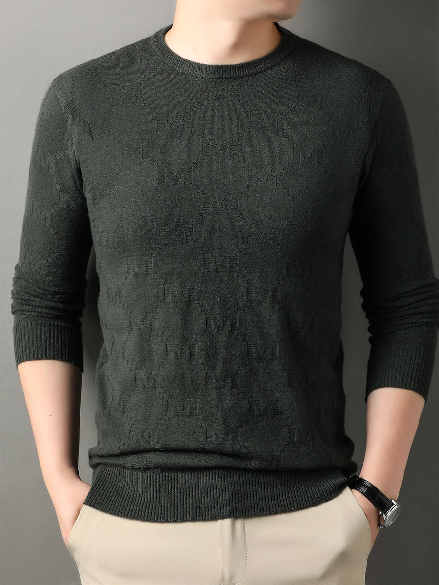 Autumn Winter Knit 3D Solid Round Neck Sweater, Basic Knit Pullover Top, Men'S Fashion Long Sleeve Sweater, Mon-J - Green