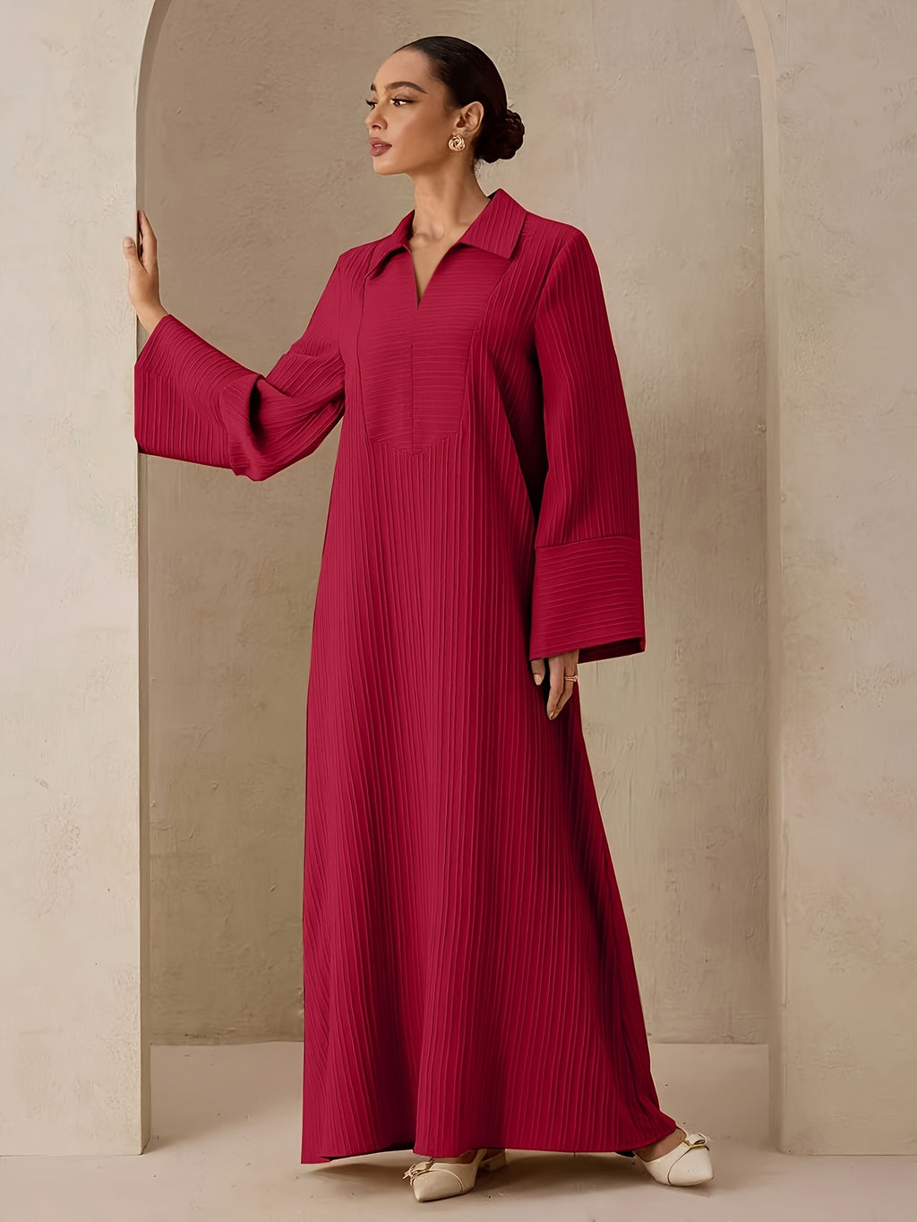 Women'S Ruched Middle Eastern Muslim Elegant Solid Color Patchwork Neckline A-Line Abaya - Brick Red