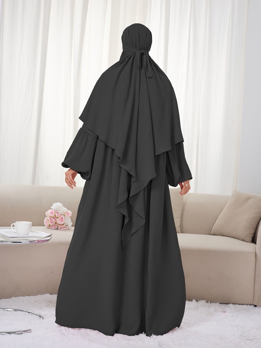 2pcs Set (Khimar And Abaya) Solid Color Muslim Prayer Outfit, Convenient Pullover Style with Lantern Sleeves And Waist Pleats, Paired with Matching Plain Headscarf Hijabs, Essential for Casual Outings, Fashionable Item Prayer Jilbab - Black