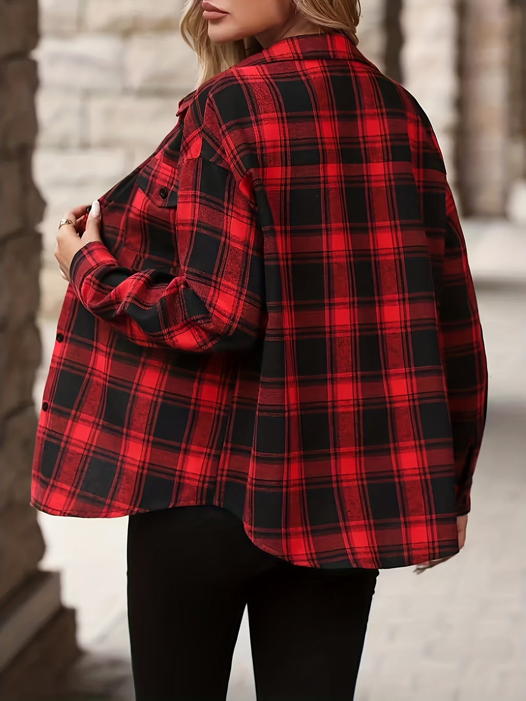 Women's Red & Black Checkered Button- Shirt - Collar Long Sleeve Blouse, Classic Button Front for spring/Autumn Office & Semi-Formal Wear, Machine Washable Non-Stretch Shirt - Red