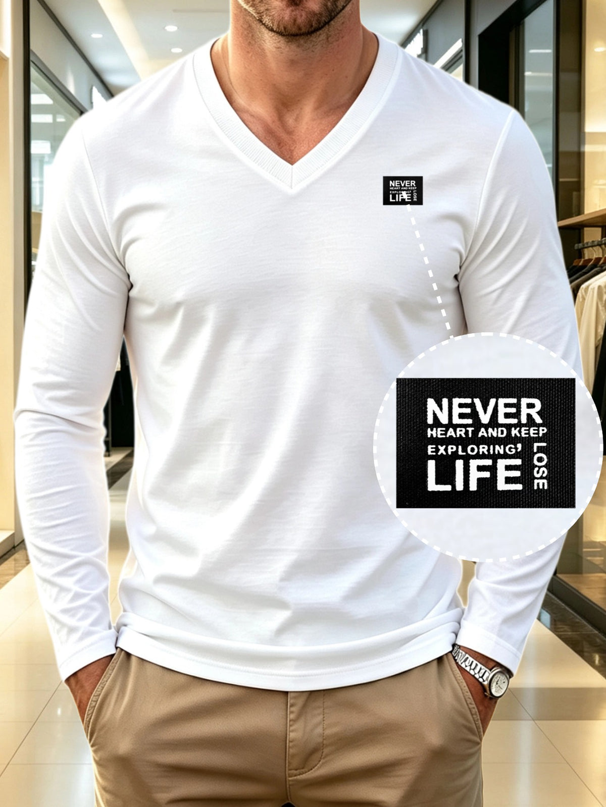 100% Cotton Men's V-Neck Long Sleeve Crewneck T-Shirt, Men's Knit Sweatshirt, Casual Sporty Outdoor Top, Versatile Men's Casual T-Shirt, Back-to-School Season, Gift for Friends - White 2