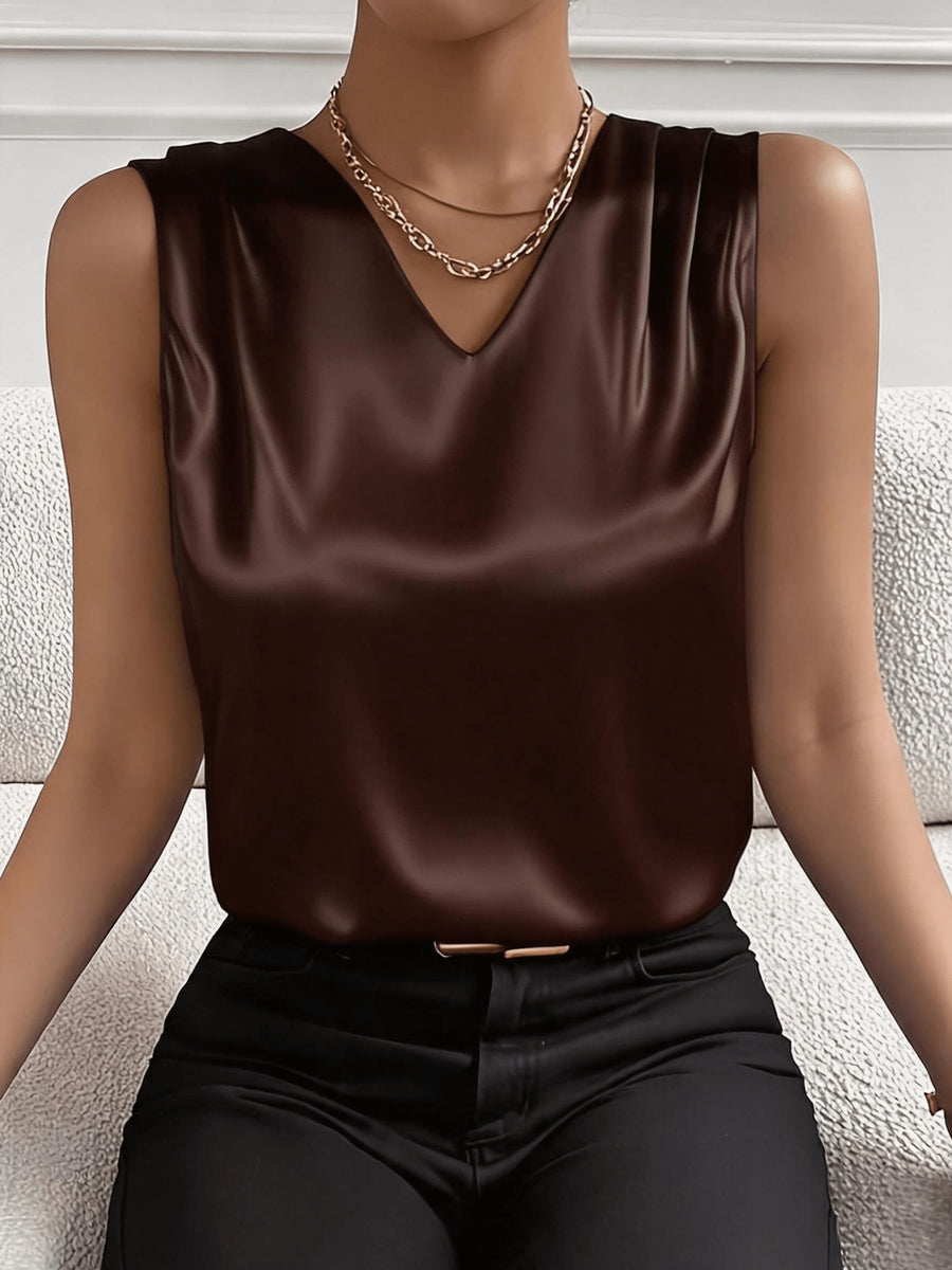 Women'S French V-Neck Sleeveless Solid Color Top, Niche Design Commuting Vest - Brown