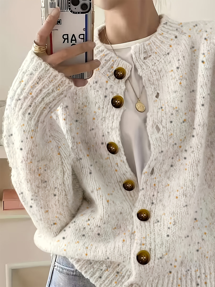 Women's Casual Colorful Button-front Cardigan with Soft Long Sleeves, Round Neck, Light-weight Fashion Candy-colored Dot Pattern, Casual and Elegant Garment | Stretch Fabric Cardigan Suitable for Casual Attire - White