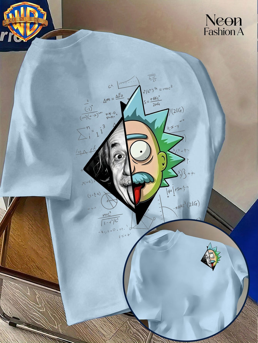 Warner Licensed Unisex Short Sleeve T-Shirt Casual Commute Shopping Classic Science And Anime Creative Patchwork Artistic Print Round Neck Pullover Summer Comfortable Breathable Trendy Top - Light Blue