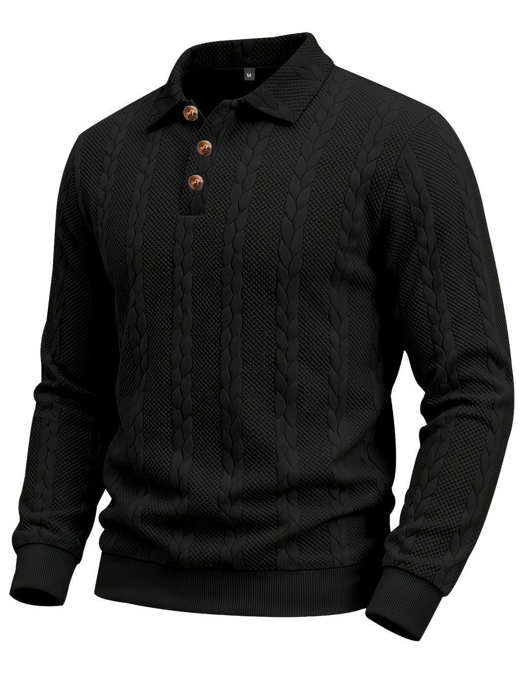 1pc Men's Striped Jacquard Long-Sleeve Polo Shirt, Autumn/Winter Textured Vintage Style Outdoor Casual Henley Top - Black