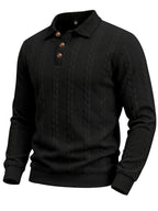 1pc Men's Striped Jacquard Long-Sleeve Polo Shirt, Autumn/Winter Textured Vintage Style Outdoor Casual Henley Top - Black