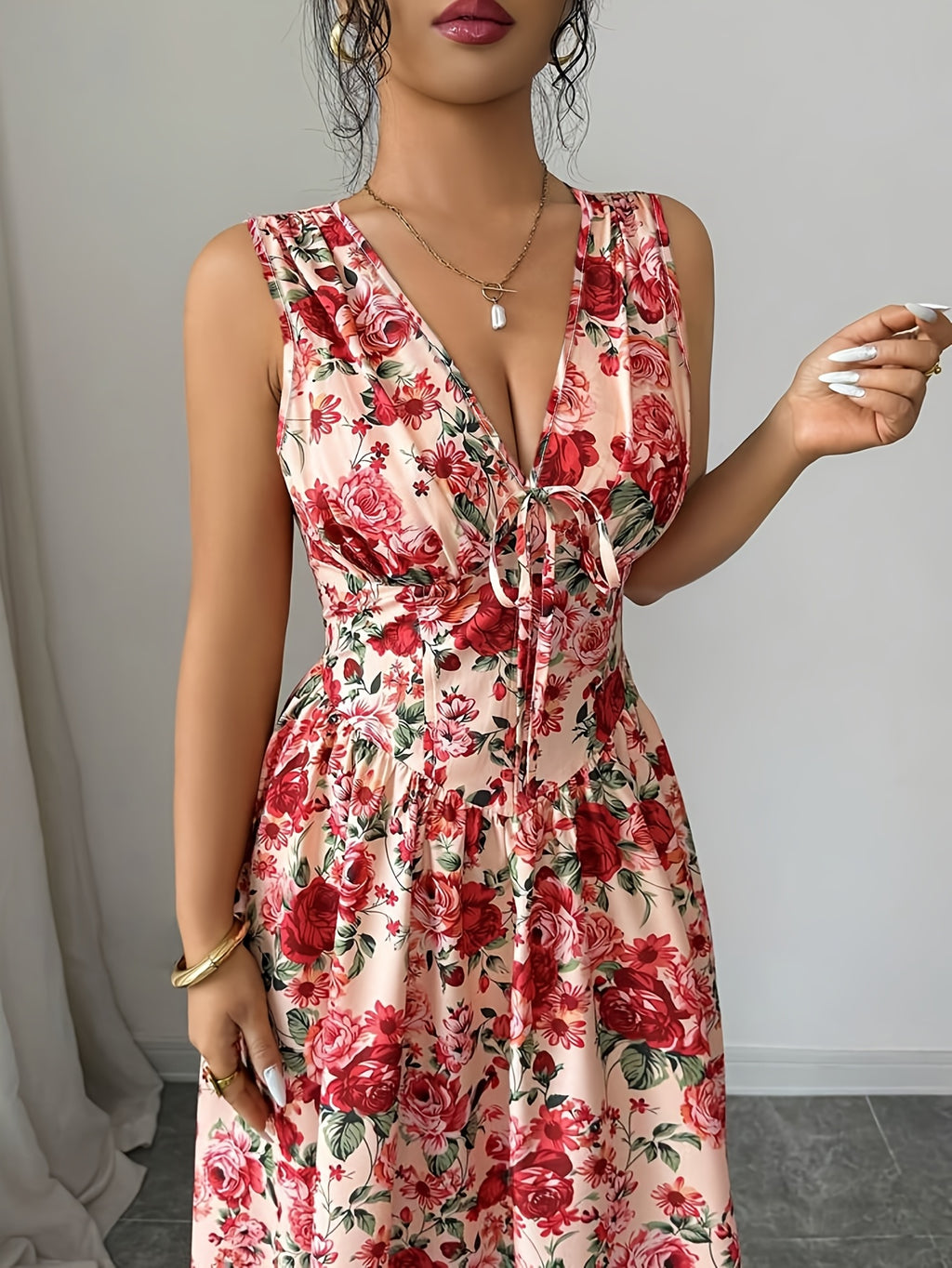 Elegant Temperament for Ladies / V-Neck / Front Tie Decoration / Floral Print Dress / Waist Cinching / Slim Fit / Gentle / Vacation Style / Suitable for Dates / Travel / Parties / Gatherings / Beach / Vacation - Multicolor