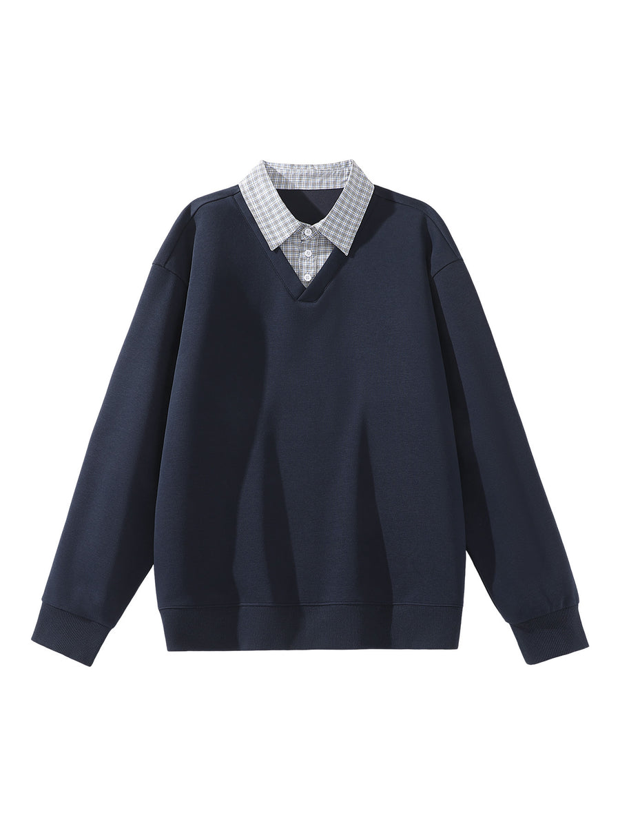 American Casual Men's Patchwork Shirt Collar 2-in-1 Look Sweatshirt, Relaxed Loose Fit V-Neck Versatile Daily Basic Long Sleeve Top - Navy
