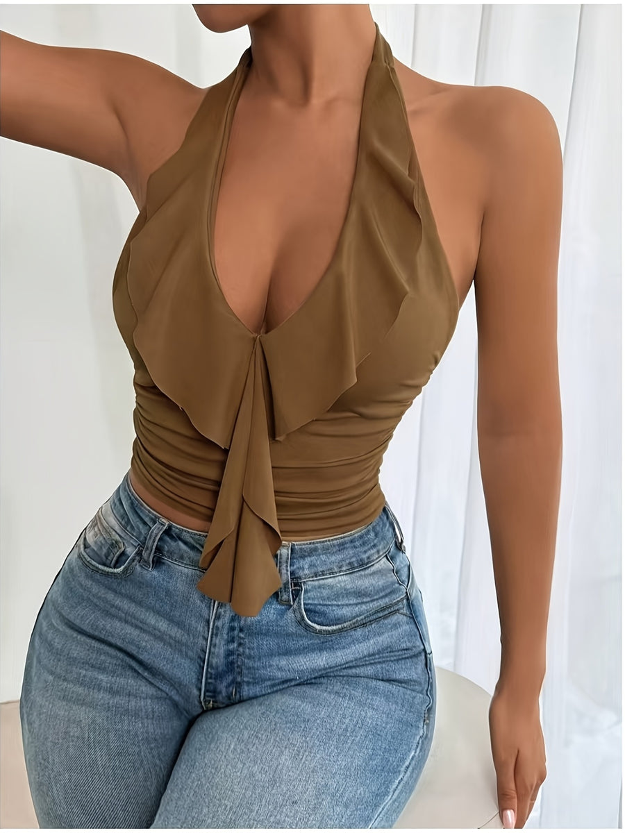 Elegant, Exquisite And Fashionable Halter Sleeveless Top - 【Brown】