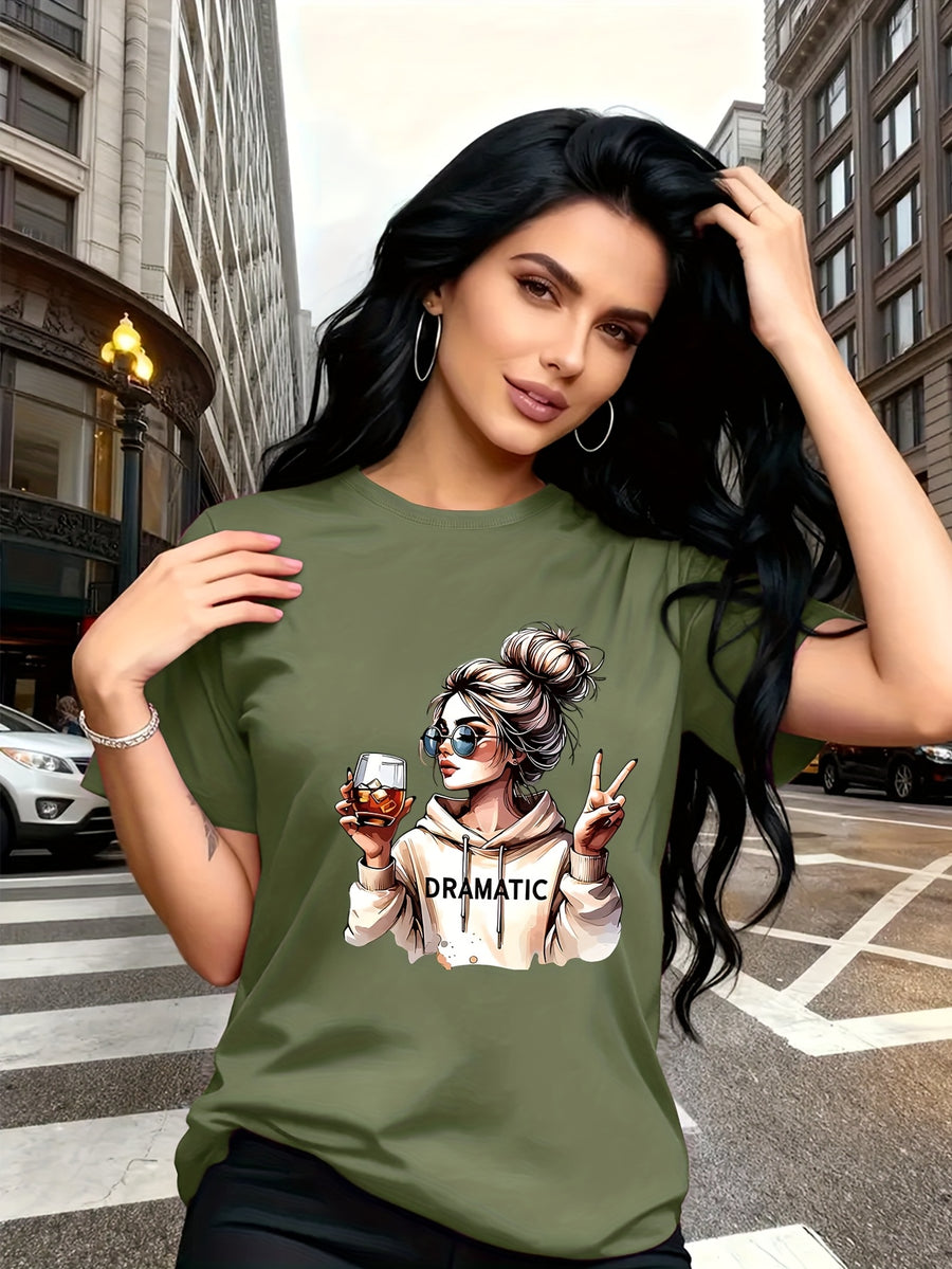 Street-style Trendy Art Print Featuring a Woman with a Bun Hairstyle and Fashion Glasses Holding a Red Wine Glass. Simple Round-neck Casual Versatile Short-sleeve Women's T-shirt, Suitable for Leisure, Travel, Vacation, and Other. 11643 - Green