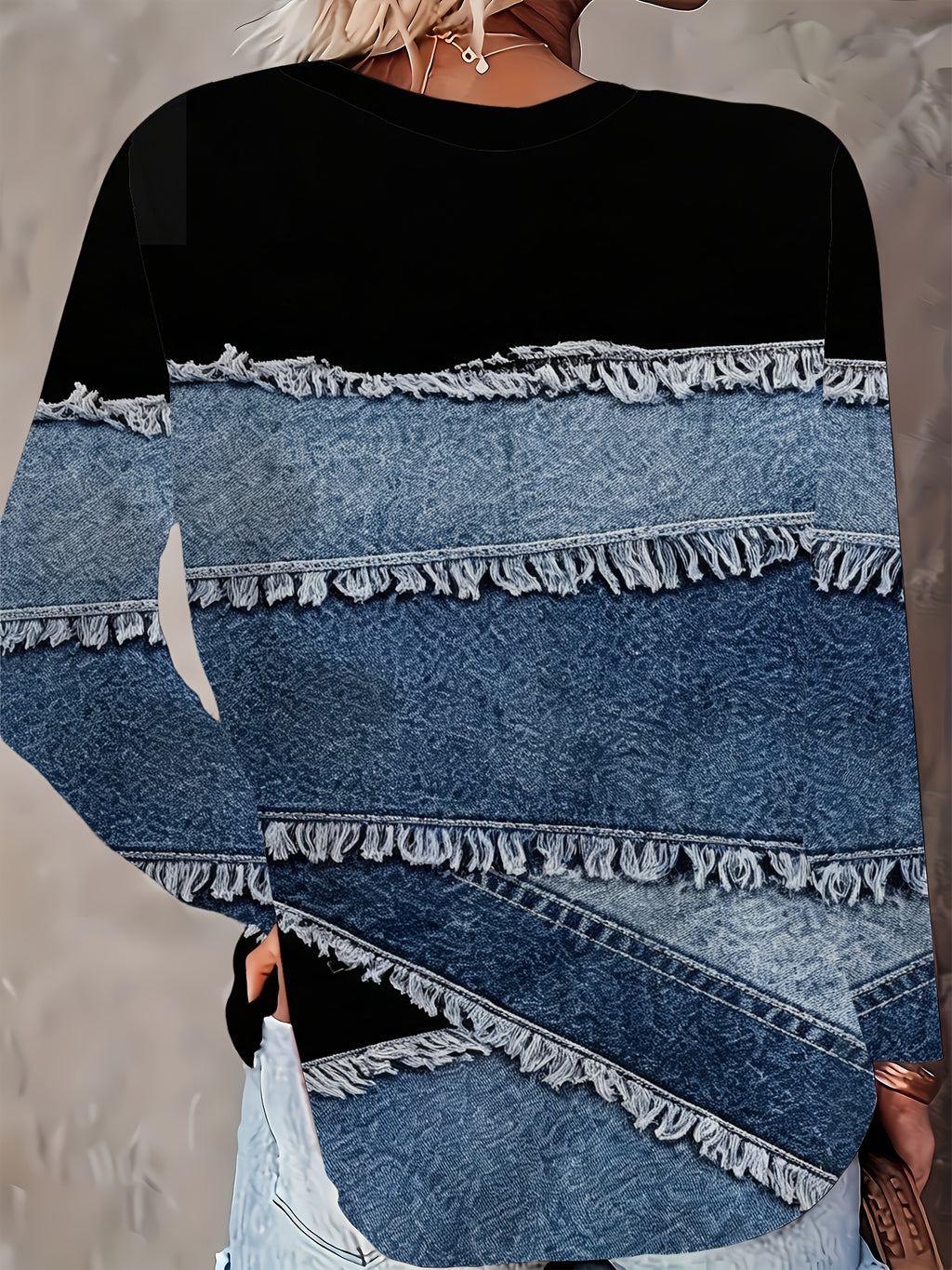 [Printed Pants - Not Denim Fabric] Retro Street Style Long Sleeve Tee for Women, Simulated Denim Splicing with Frayed Edge Graphic, Relaxed Fit Casual Outfit for Fall Season - Mixed colors
