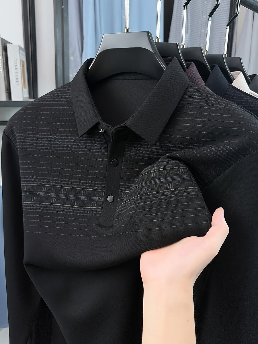 Middle-Aged Men'S Long Sleeve Polo Shirt Spring Autumn Business Casual Lapel Striped with Pocket Top - Black