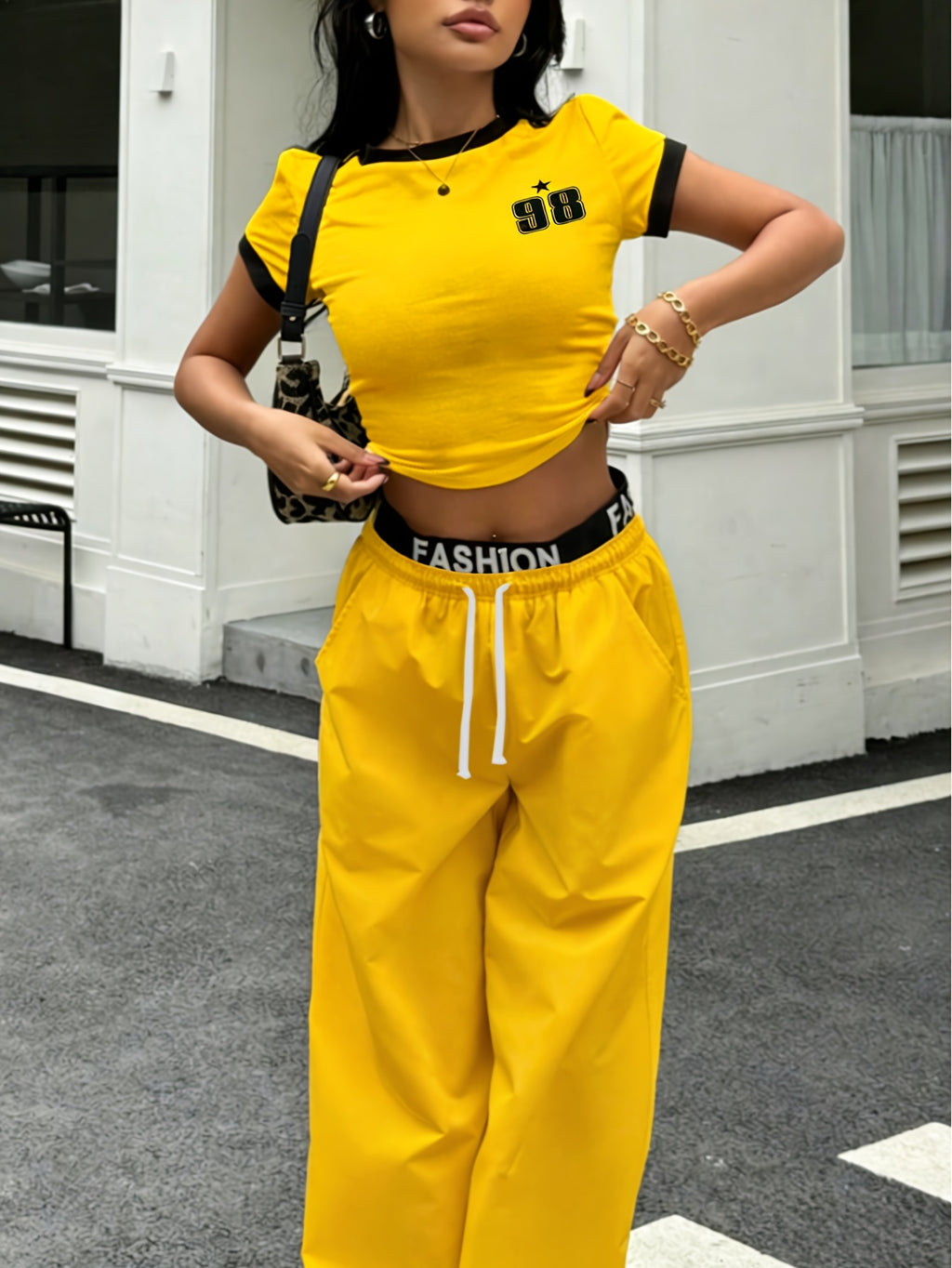 Women's 2pcs Set: Black and White Contrast Striped Cropped Top + Letter-Print Waistband Wide-Leg Pants in Western Hot Style - Yellow