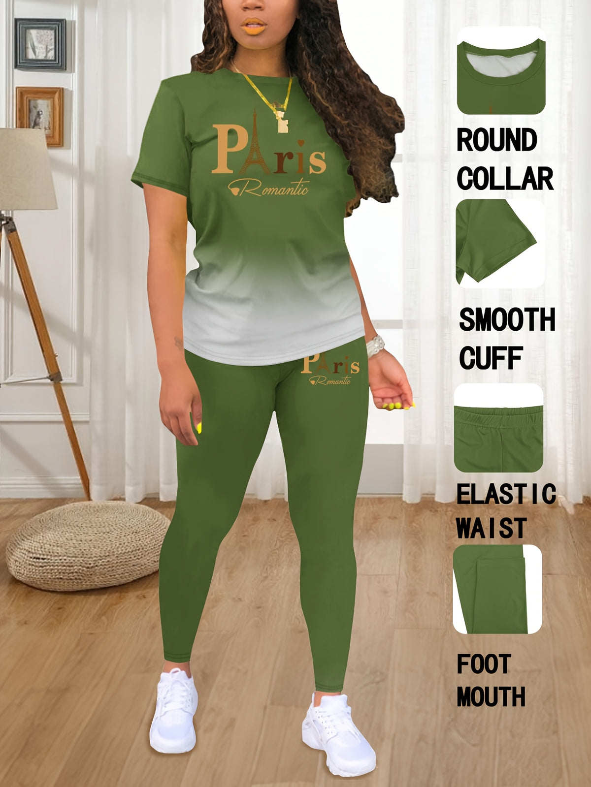 Fashionable Women'S Spring/Summer Set | Crew Neck Short Sleeve Printed Top with Long Pants | Architectural Pattern, Regular Fit - Dark Green