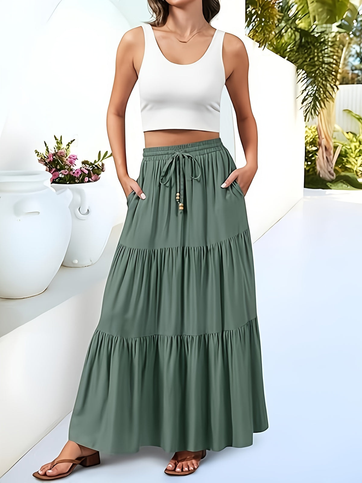 Pleated High-Waist Belt Pocket Long Skirt, A-Line Flowy Layered Beach Half Skirt - Green