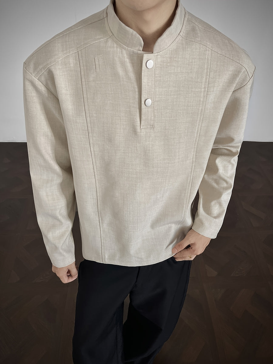 Men's V-neck Henley Shirt, Half-opening Placket, Suitable for Casual Outings in Spring and Autumn - Apricot