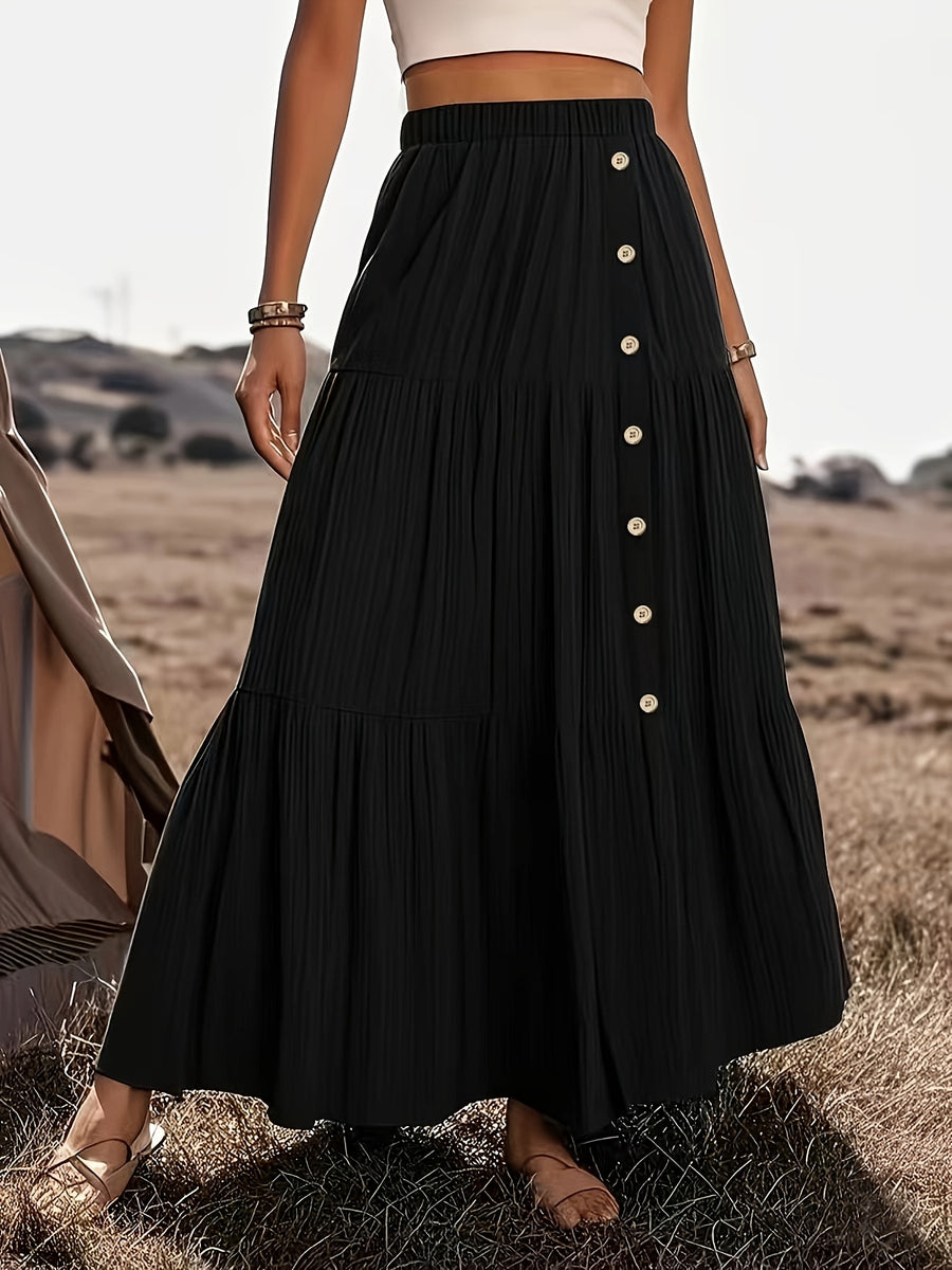 Textured Button Decor Elastic Waist Long Midi Skirt, Women'S Elegant Vacation Casual Skirt for Country Music Festival - Black