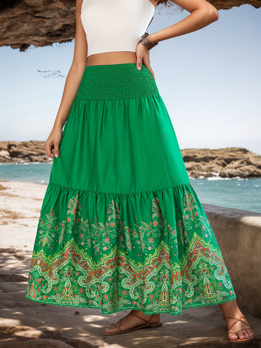 Flower Print Gathered Maxi Skirt - Green