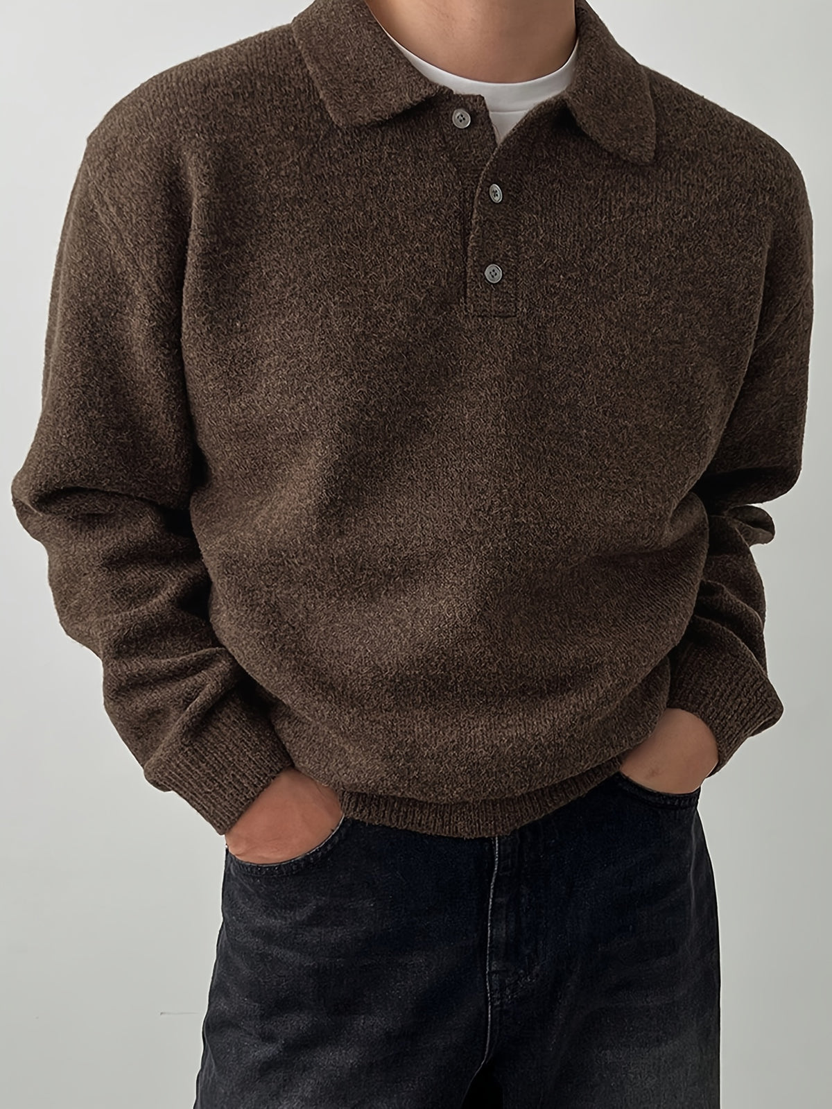 Men's POLO Collar Sweater for Autumn/Winter, Lazy-Style High-End Winter Pullover, Inner Layer Base Top, Lapel Knit Outerwear, Thick Jacket - Coffee Color
