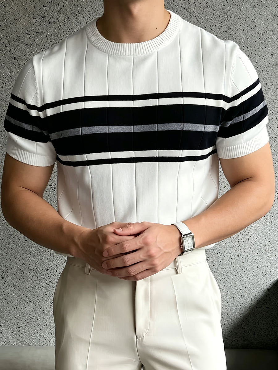 Men'S Color-Block Short-Sleeve Knit Pullover, Regular Round Neck Top, Business Casual Summer New - White