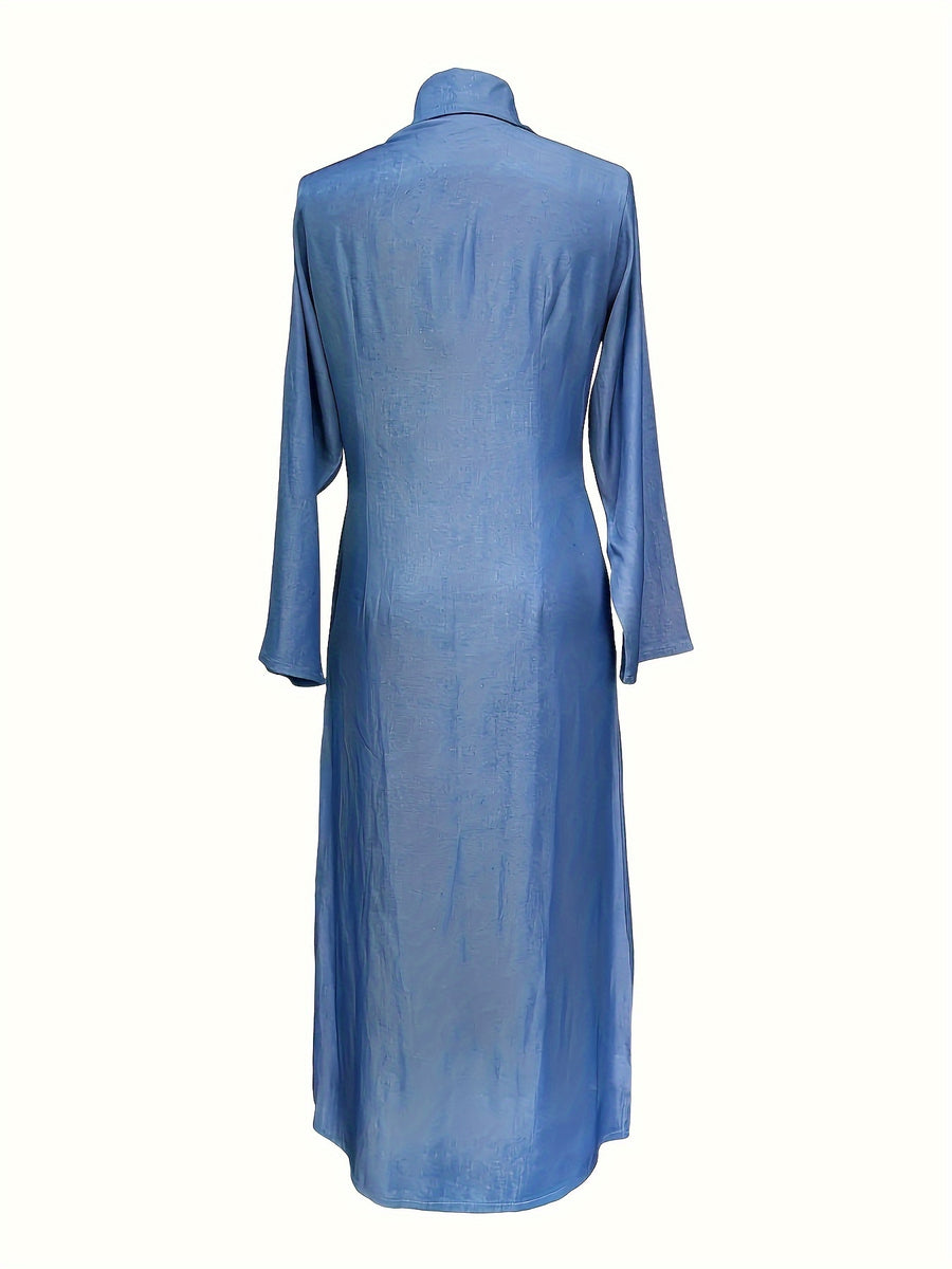European And American Women'S Clothing, Elegant, Fashionable, Neutral Style, Long-Sleeved Lapel Cardigan, Solid Color, Long Dress - Light Blue