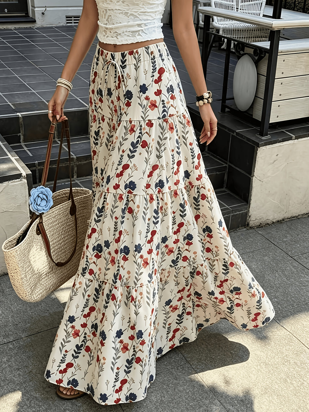 Women'S Autumn Vacation Country Style Floral Long Half Skirt, Commute Daily, Outing Wear, with Drawstring Detail, Spring Summer Fall Winter All Seasons - Flower