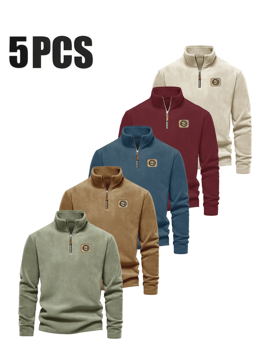 Men's Five-pc Versatile Sweatshirt, Half-Zip Stand Collar Daily Casual Top - Mint Green + Navy Blue + Deep Red + Apricot + Orange