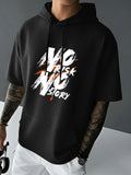 NO RISK NO STORY Men's Waffle Knit Short Sleeve Hoodie Top, Comfortable Printed Drawstring Sweatshirt T-Shirt with Pocket, Summer Casual Fashion Men's Apparel, Suitable for Outings and Home Wear, Suitable for Daily and Formal Wear, Summer Fashion - Black