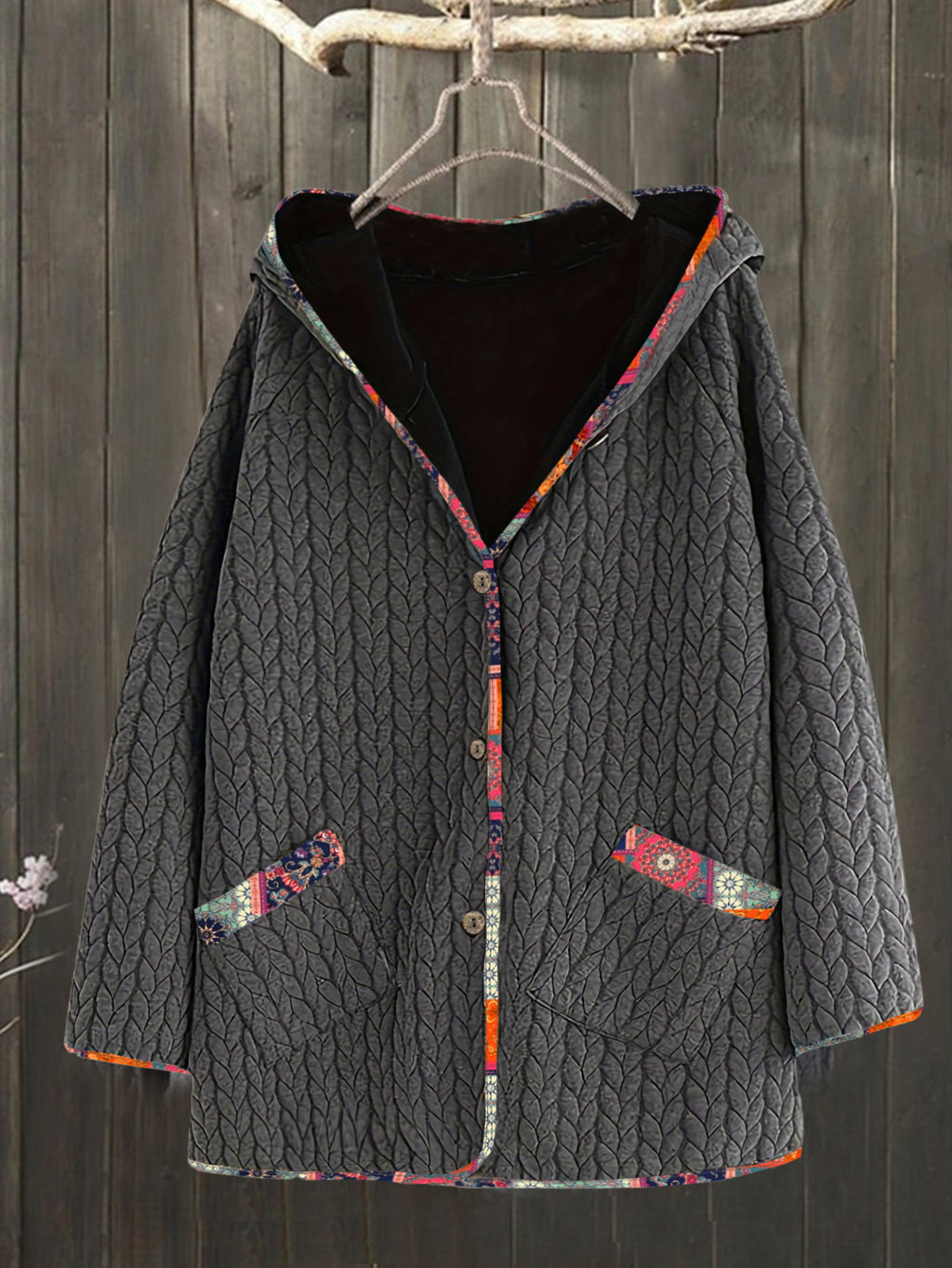 Fashion Hooded Single-Row Button Loose Long Sleeve Mid-Length Open Front Cardigan Jacket Casual Coat Women'S Fashion Hoodie - Deep Grey