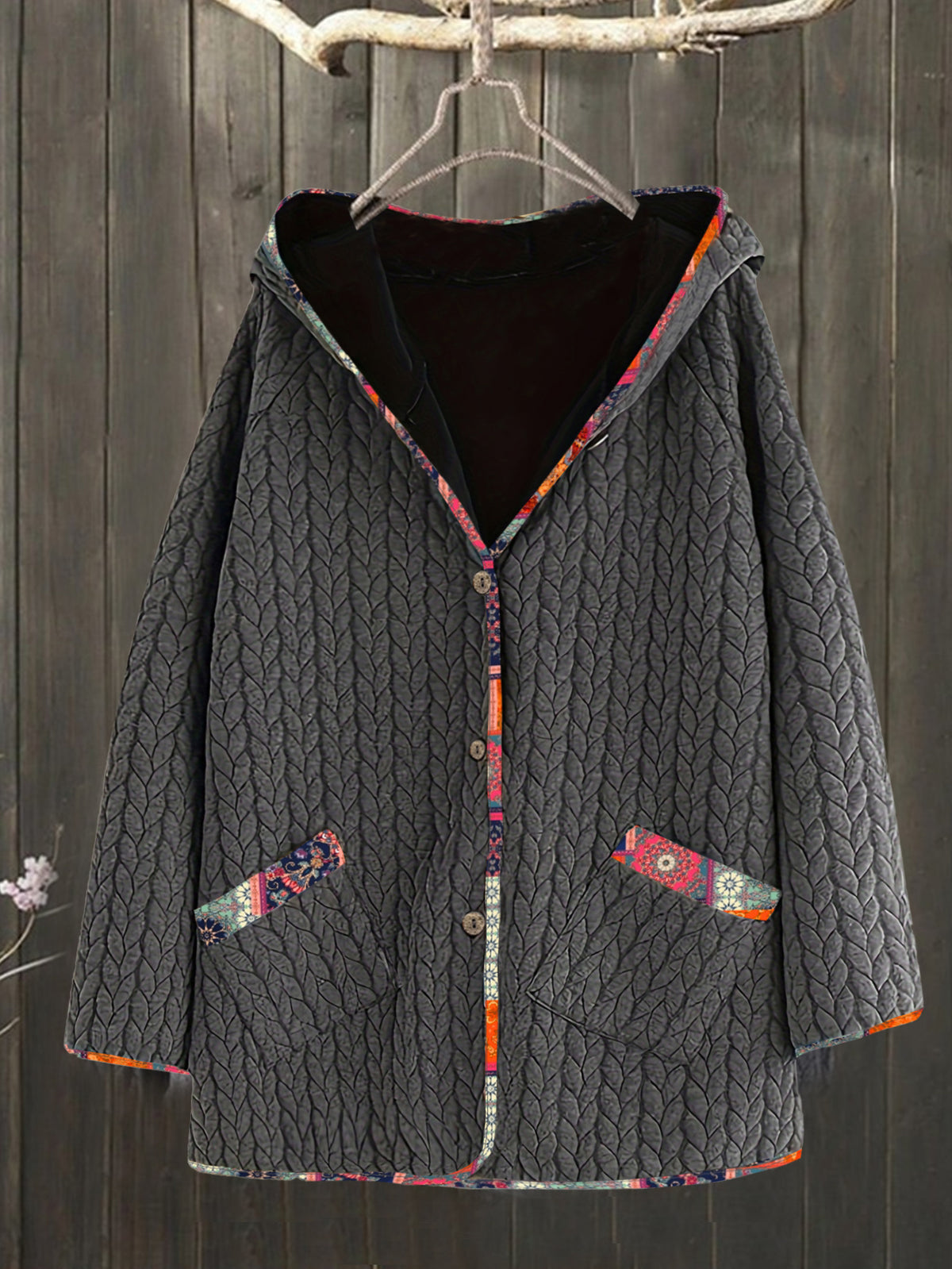 Fashion Hooded Single-Row Button Loose Long Sleeve Mid-Length Open Front Cardigan Jacket Casual Coat Women'S Fashion Hoodie - Deep Grey