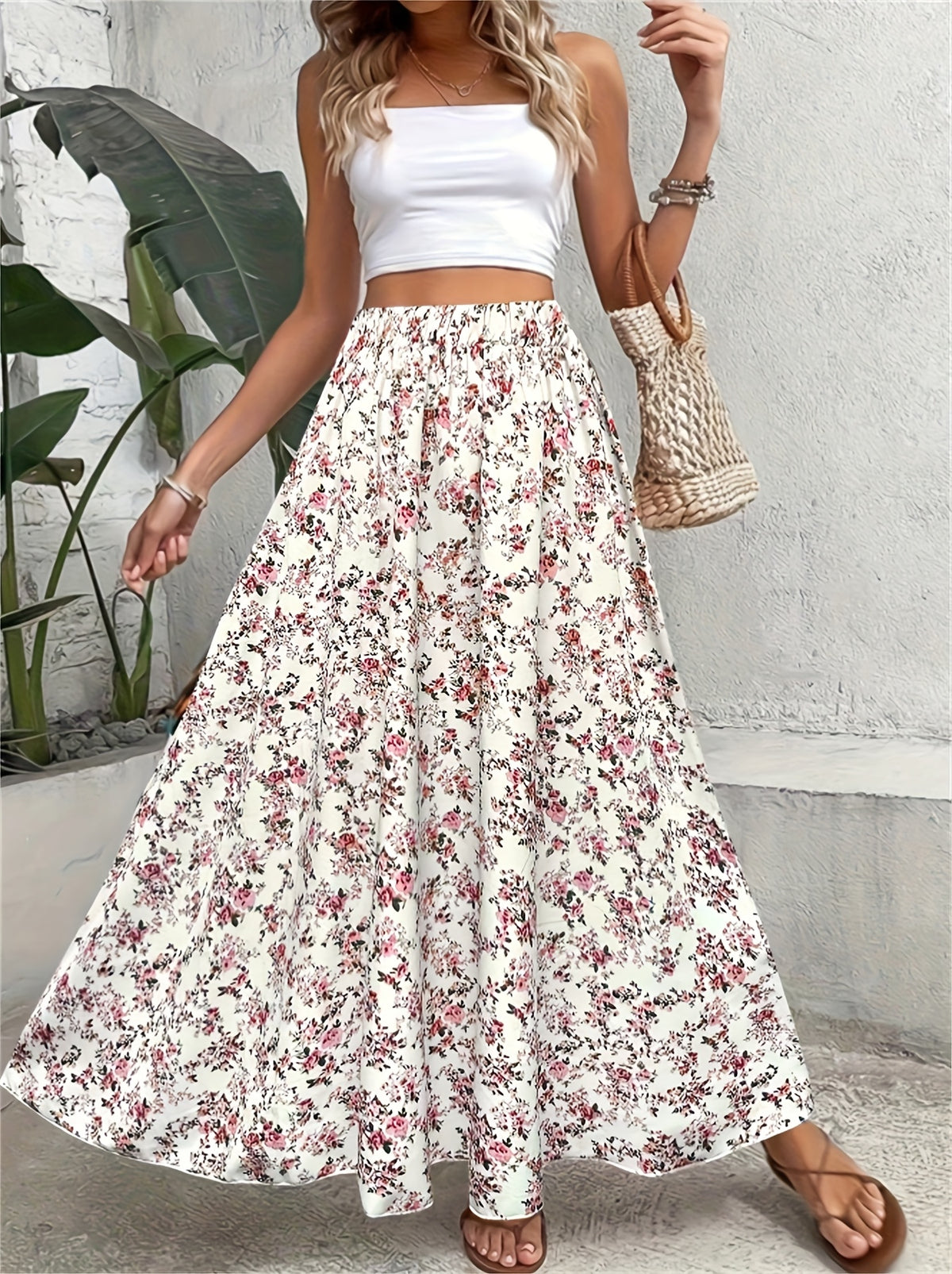 DJ260408847 Spring/Summer Elegant Small Floral Print Stretch Waist Bohemian Style Maxi Skirt - Multicolor