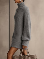 BK260703034, Women's Solid Color High Neck Long Sleeve Loose Plush Casual Pullover Dress, Suitable for Autumn and Winter Daily Outings, Soft and Comfortable Fabric, Party Wear, Everyday Versatility, Back-to- Season, Valentine's Day - Grey