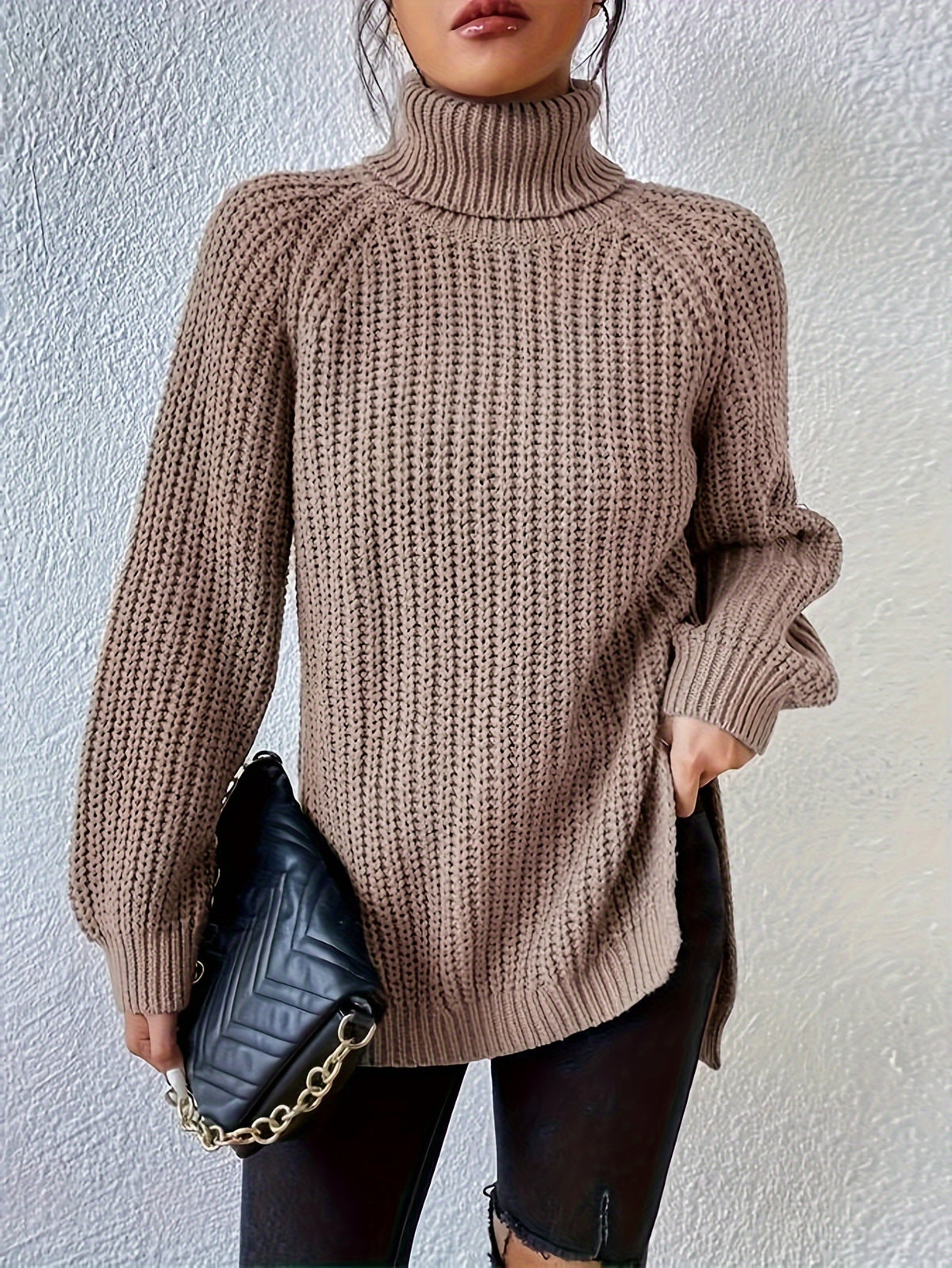 Women's New Arrival Elegant Casual Versatile Vacation Commute Office Sisters Outing Shopping Y2K Daily Wear Autumn Winter Solid Color High Neck Lapel Raglan Long Sleeve Top Spring Slit Hem Sweater Party Outfit Birthday Top Commute Wear Casual Wear - Lotus Color