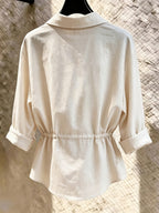 New Women'S Loose Casual Drawstring Long Sleeve Shirt - Apricot