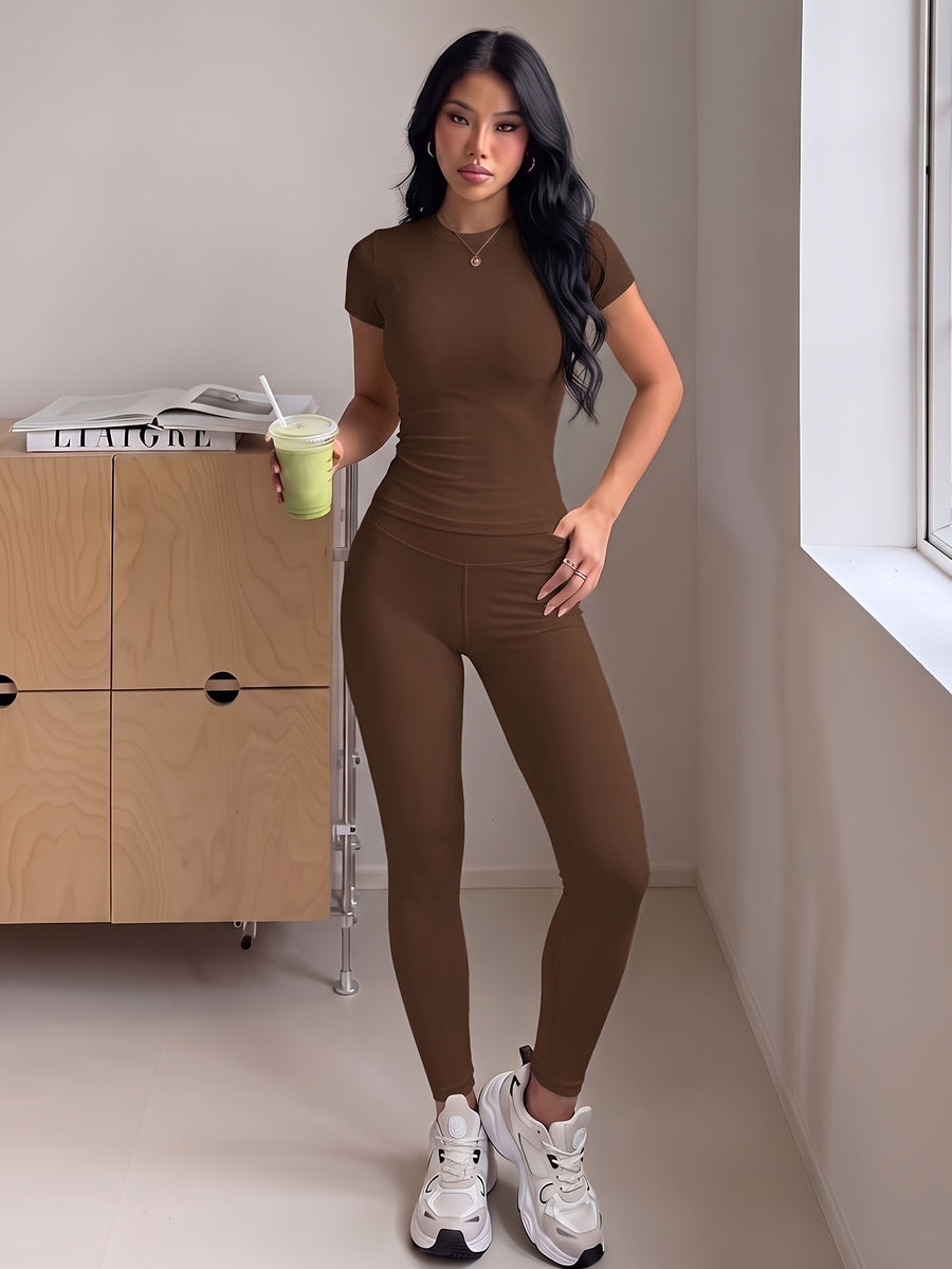 Round Neck Short Sleeve High-Waist Butt-Lifting Pants Set, Stretchy Nude-Feel Skin-Friendly 2pcs Set, Quick-Drying Breathable Wear, Tummy Control Peach Butt Training Outfit, Versatile Wearable Outer Casual Swear. 4-Way Stretch with Zero Restriction - Coffee Color