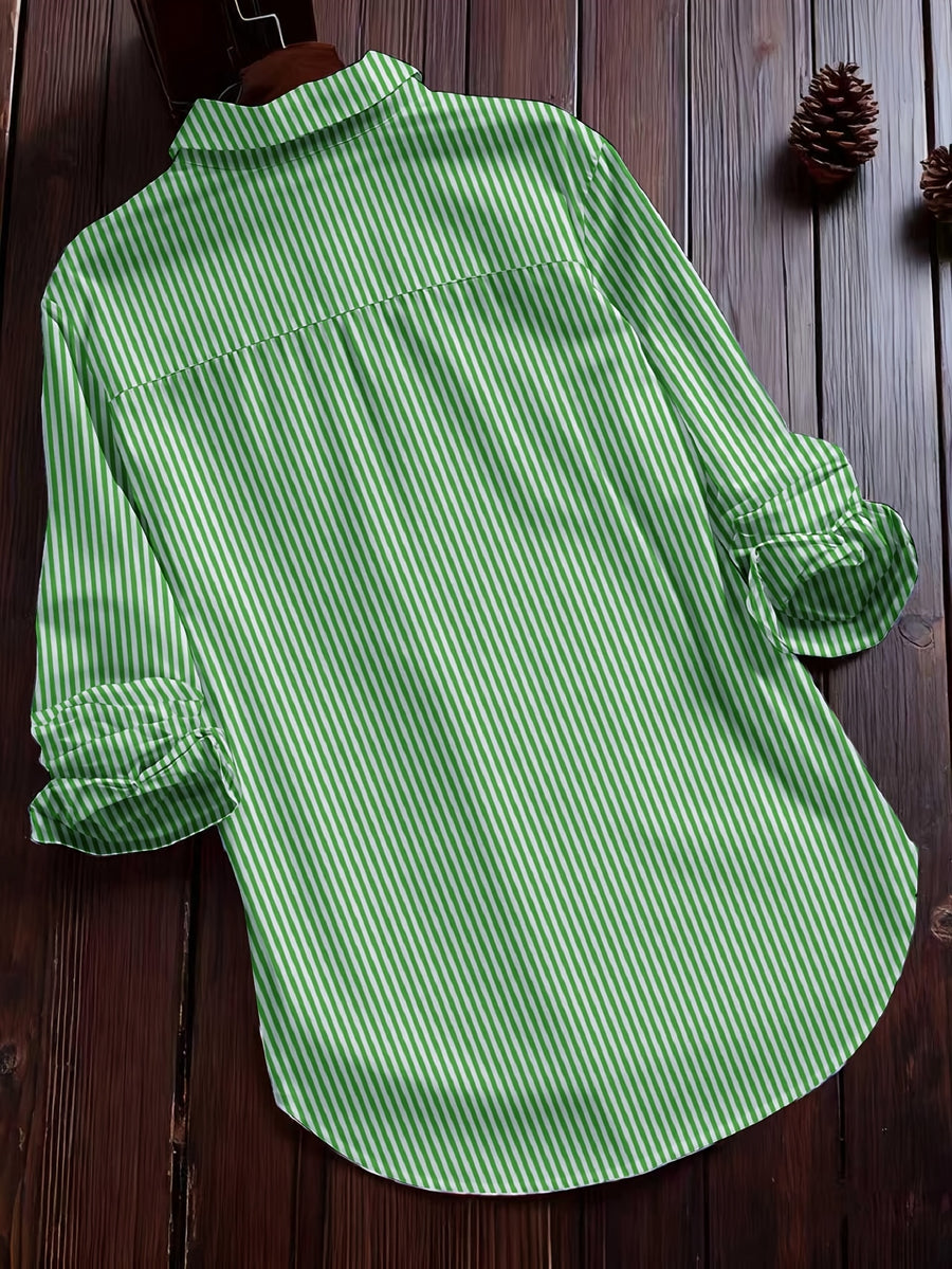 Women'S Autumn Casual Vintage Commute Long Sleeve Checkered Striped Shirt - Green