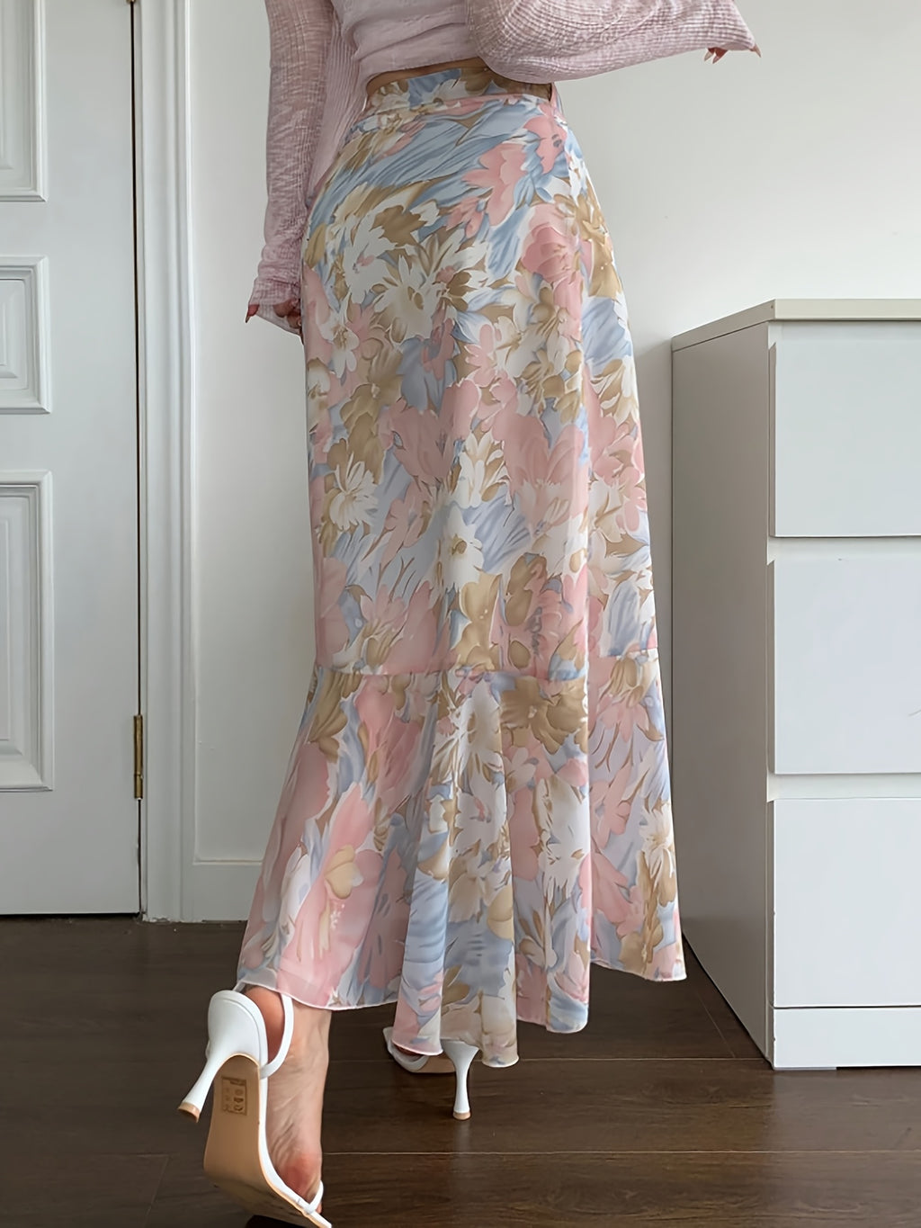 Elegant Women's Printed Chiffon Skirt with Ruffled Hem, Summer Apparel, Back-to- Season, Floral Holiday Outfit - Multicolor