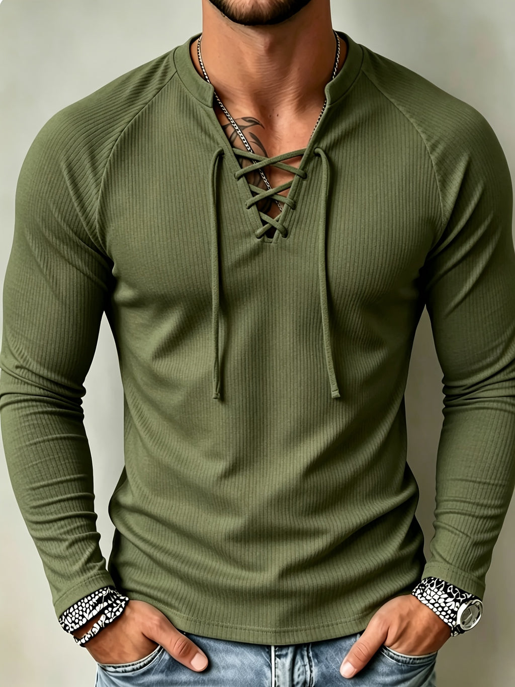 New American Vintage Men's Ribbed Cable Knit Long Sleeve T-Shirt with Cross-Front Tie Design, Raglan Sleeves for a Slim Fit and Muscle Definition, Solid Color Stretchy Casual Base Layer Top, Autumn/Winter Trend, Available in Multiple Colors - Olive Green