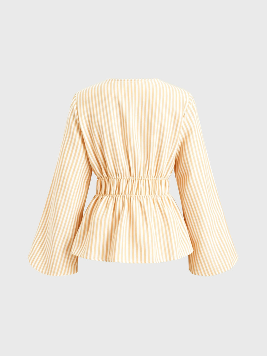 Belted Vertical Stripe Long-sleeve Shirt, Artistic Casual Fashion, Versatile Loose Top - Light Orange