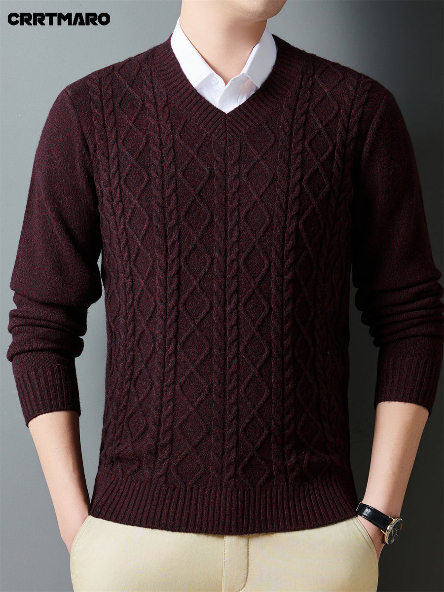 Cartama CRRTMARO Autumn/Winter Knitted 3D Solid Color V-Neck Sweater, Basic Thickened Pullover, Men's Fashion Knitwear Long Sleeve HH - Fuchsia