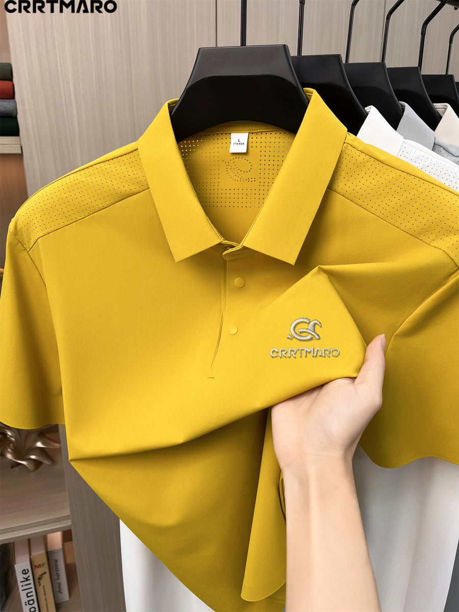 Katemar CRRTMARO Men's Short Sleeve Lapel Polo Shirt - Breathable Business Casual T-Shirt with Lapel Collar, Solid Color Suitable for Summer, Office & Semi-Formal Wear, Regular Fit Half-Sleeve (No Belt) - Yellow