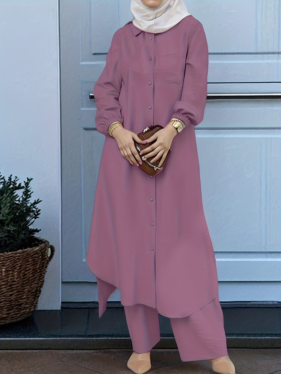 Eid | Elegant Front Button Autumn-Winter 2pcs Jilbab Set | Plain Front Button Abaya Women Modest + Loose Wide Leg Pants | Banquet, Date, Urban Commute - Fuchsia